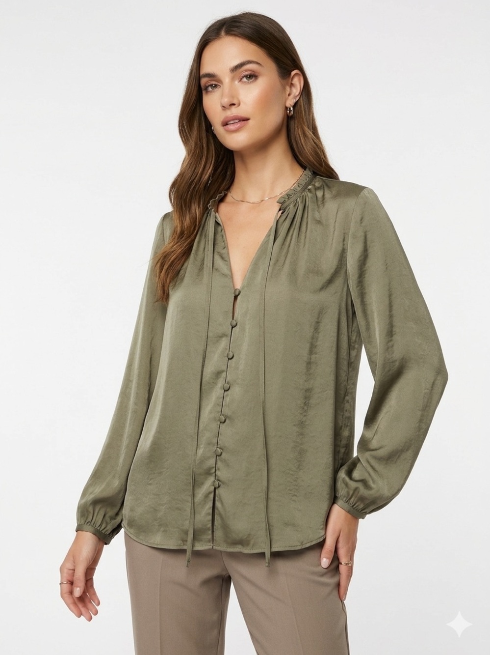 Fika NWOT Silky Olive Green Button-Front Blouse Long Sleeve